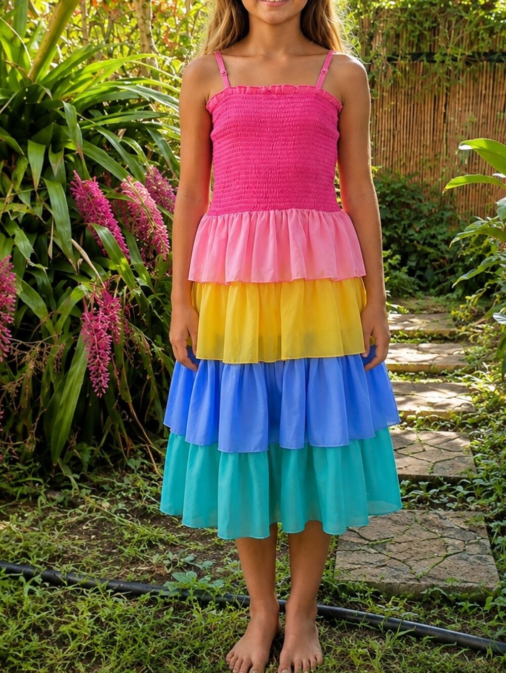 Colorblock Ruffled Tiered Sundress with Pastel Layers Smocked Bodice 12/14